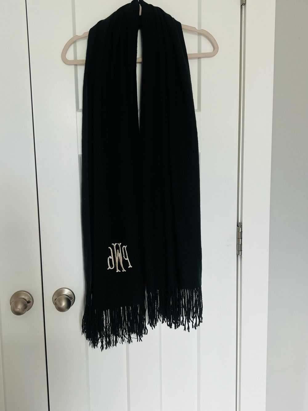 Black Fringe Scarf with Monogram Embroidery